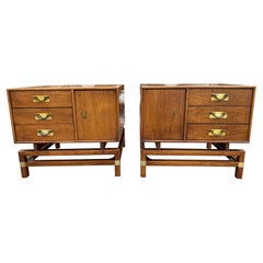 Vintage Handsome Pair Campaign style 'Tung Si' Collection Side Table Nightstands 