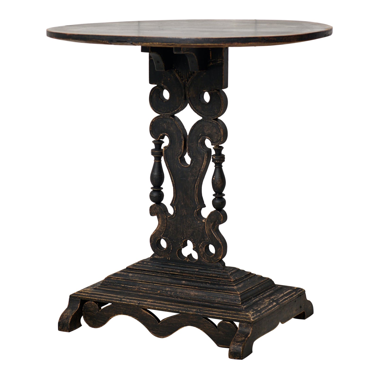 Antique Swedish Center Table, Distressed Black Paint Oval Top and Ornate Base For Sale