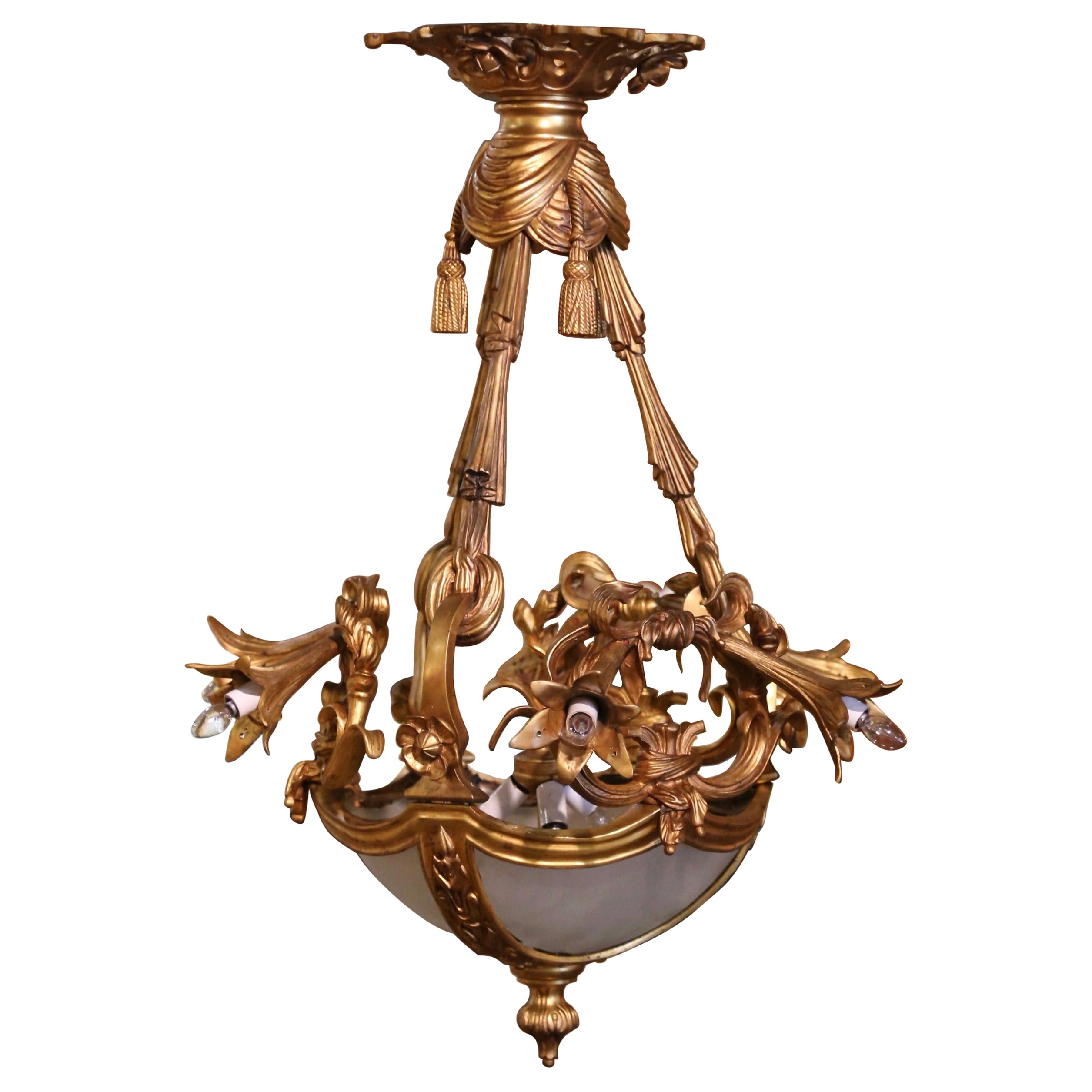 19th Century Belle Epoque Gilt Bronze and Frosted Glass Nine-Light Chandelier For Sale