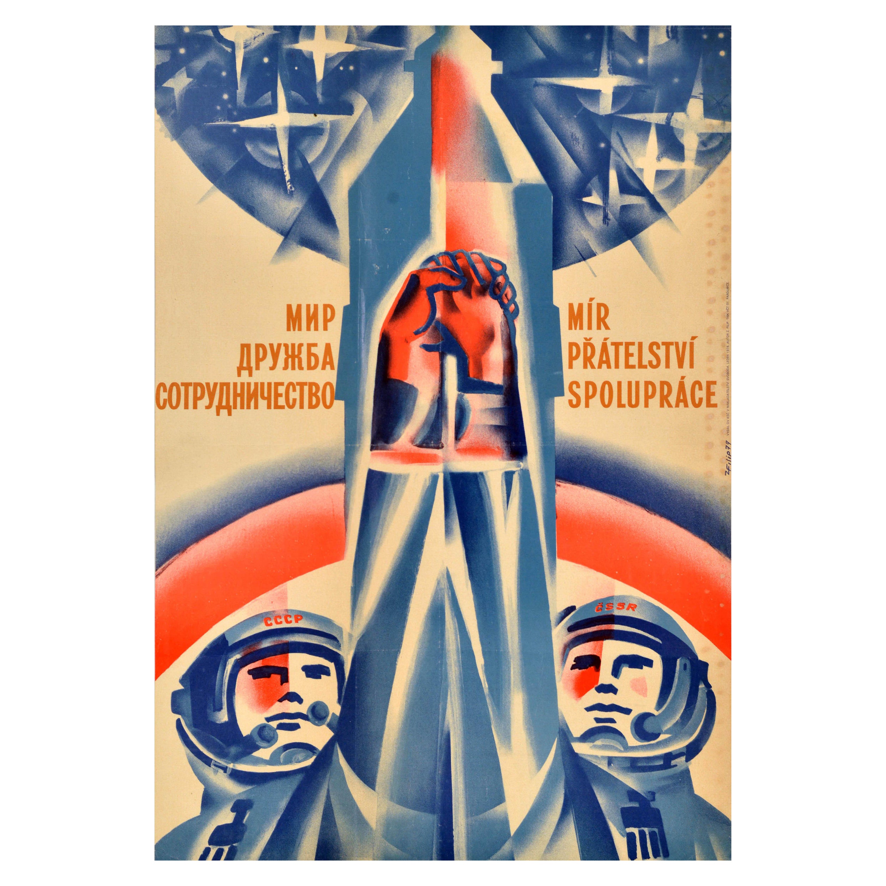 Original Vintage Soviet Propaganda Poster Cosmonauts Peace Czechoslovakia USSR For Sale