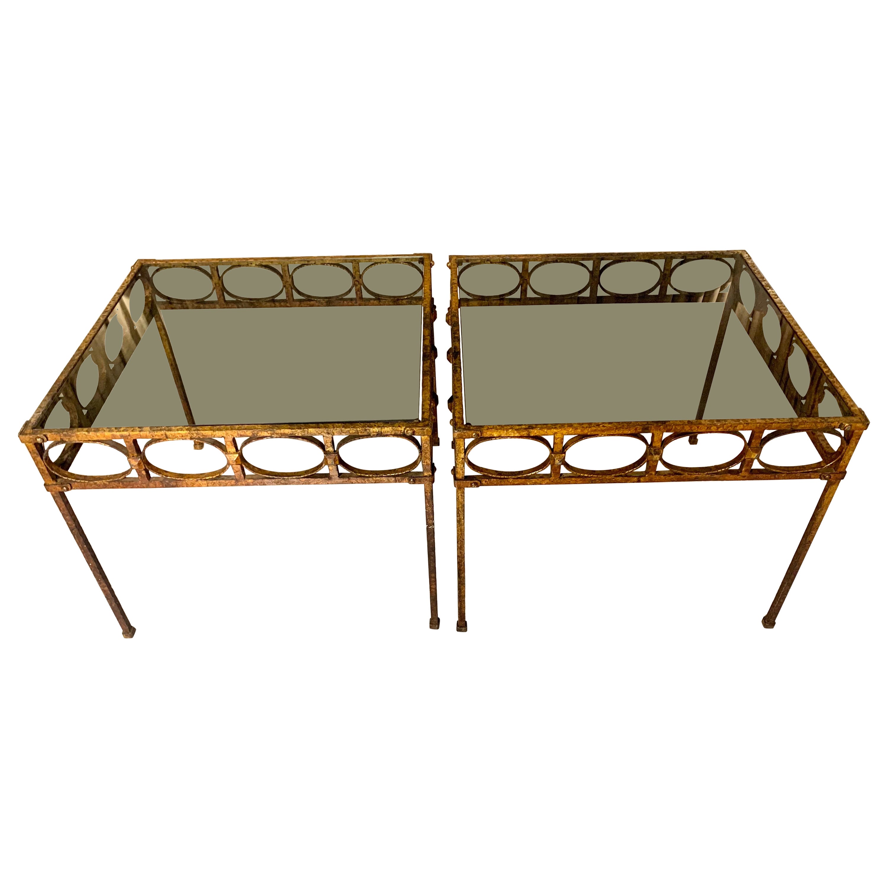 Pair Spanish Gilt Hammer Iron Side Tables with Smoked Glass Top For Sale