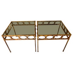 Retro Pair Spanish Gilt Hammer Iron Side Tables with Smoked Glass Top