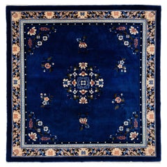 Handmade Square Blue Vintage Wool Rug Designed Art Deco Fl