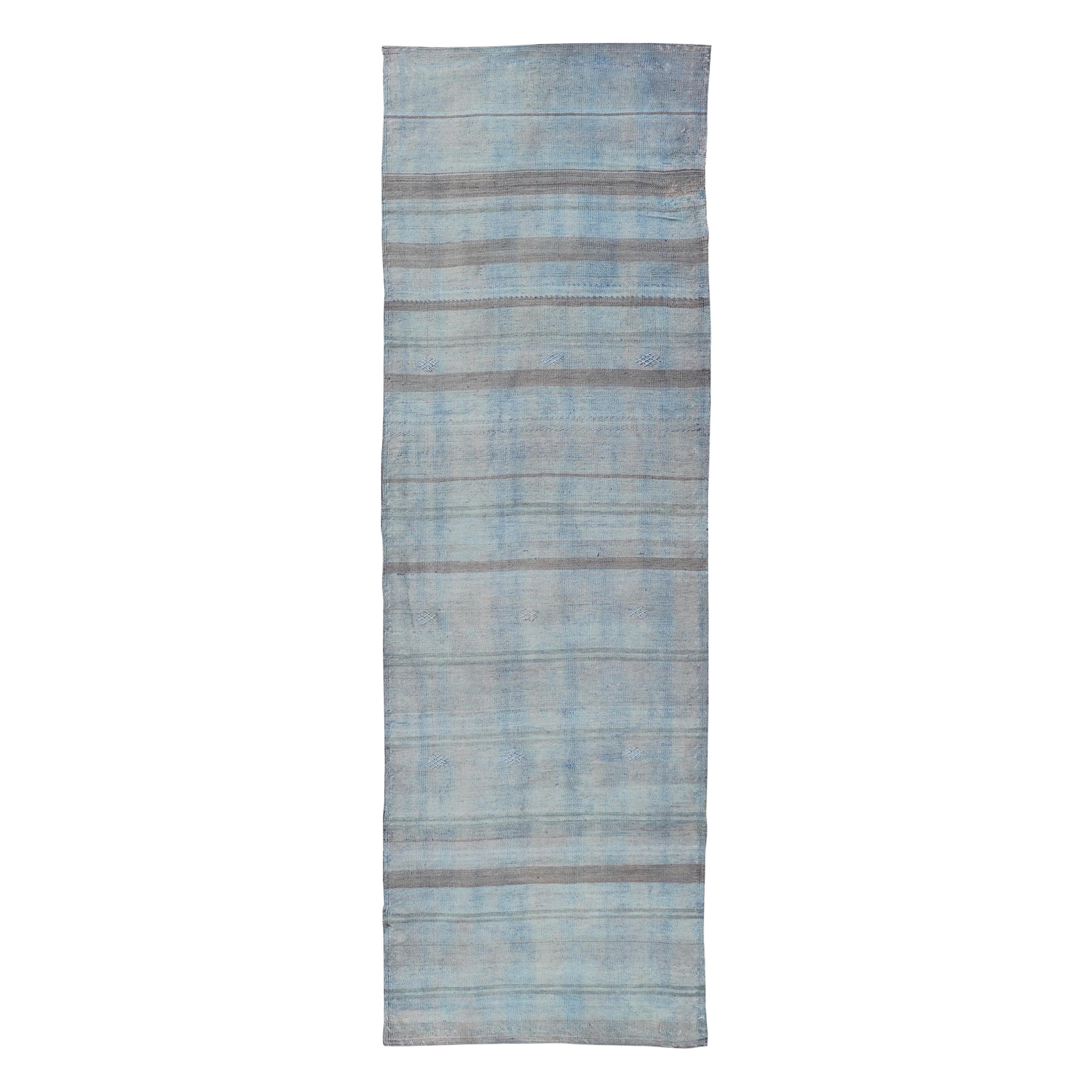 Vintage Turkish Kilim Runner Soft Blue and Gray Stripes 2'7 x 8'9