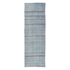 Vintage Kilim Runner turco a strisce blu e grigio 2'7 x 8'9