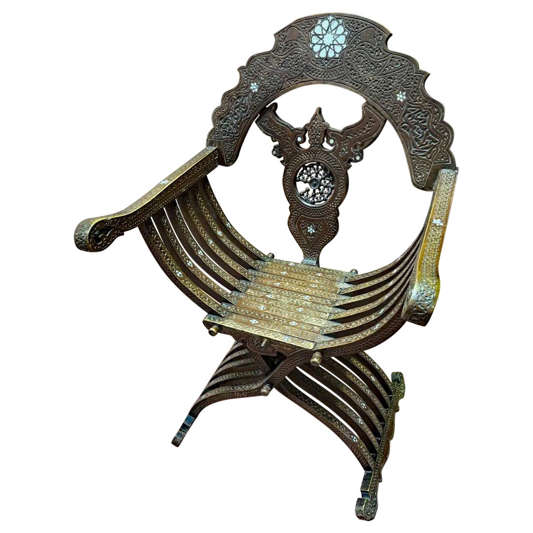 Oriental Work. Armchair In Carved Wood, Bone And Mother-of-pearl Inlay  1880 For Sale