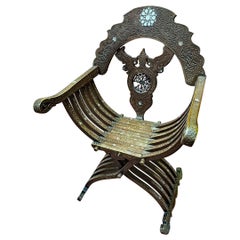 Antique Oriental Work. Armchair In Carved Wood, Bone And Mother-of-pearl Inlay  1880