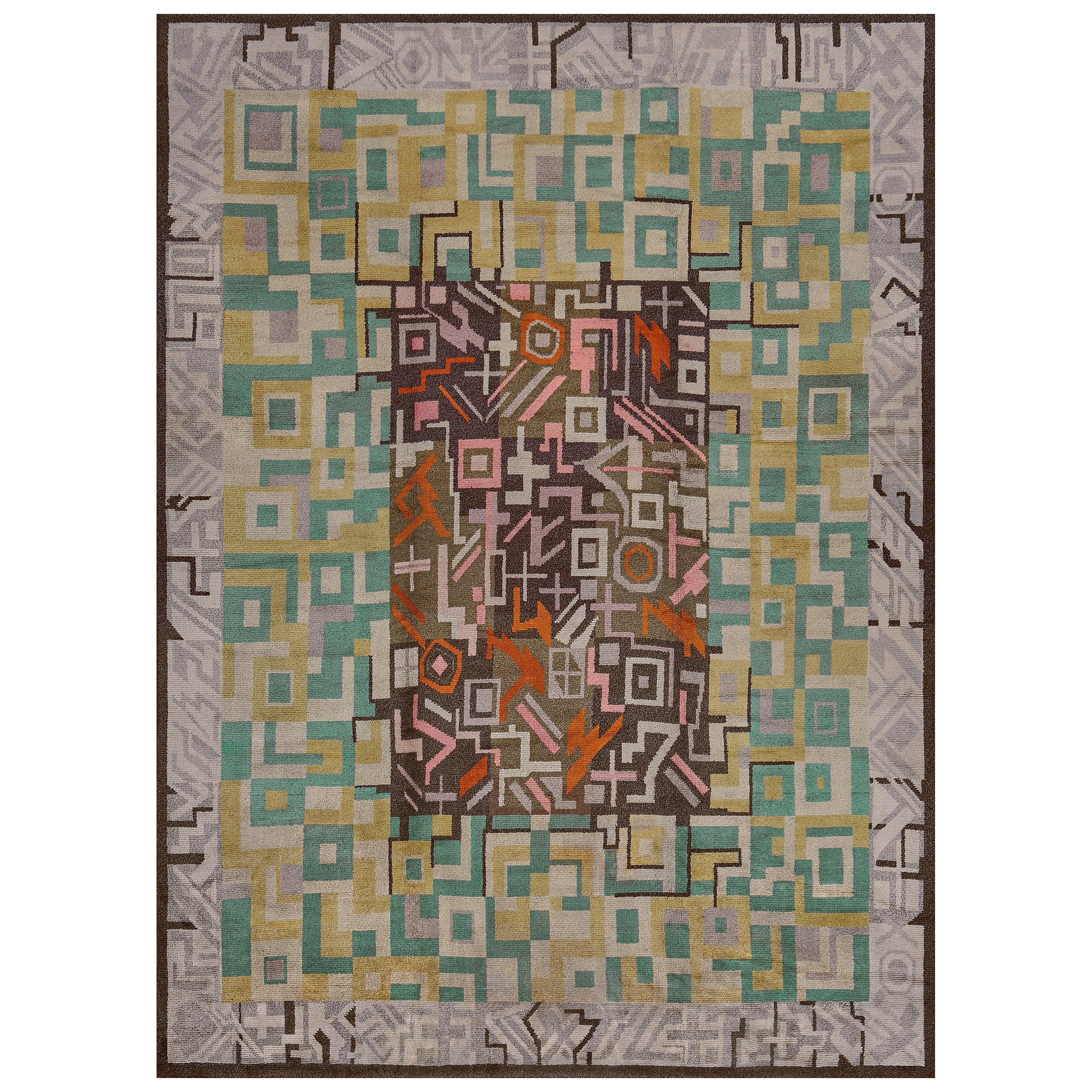 Hand-Knotted Antique Wool Geometric Deco Rug from Sweden