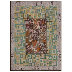 Hand-Knotted Antique Wool Geometric Deco Rug from Sweden