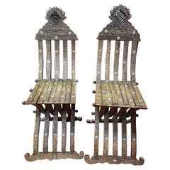 Used Oriental Work. 2 chairs In Carved Wood, Bone And Mother-of-pearl Inlay  1880