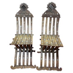 Oriental Work. 2 chairs In Carved Wood, Bone And Mother-of-pearl Inlay  1880