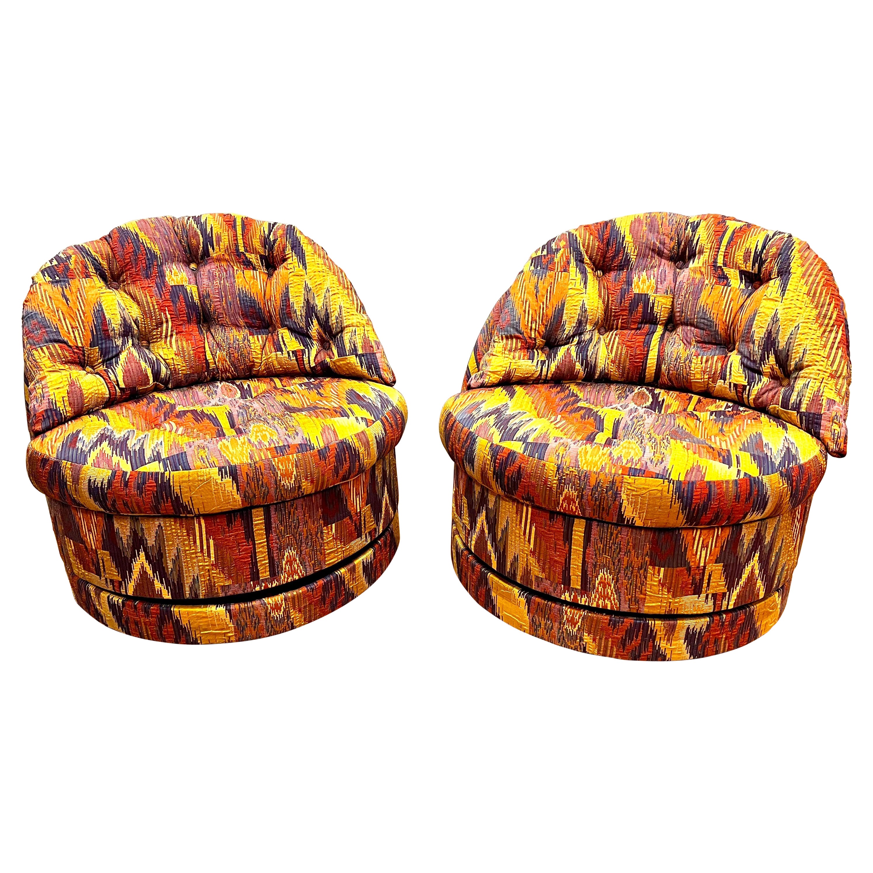 Pair Matching Mid Century Modern Barrel Back Swivel Chairs Lenor Larsen Fabric For Sale