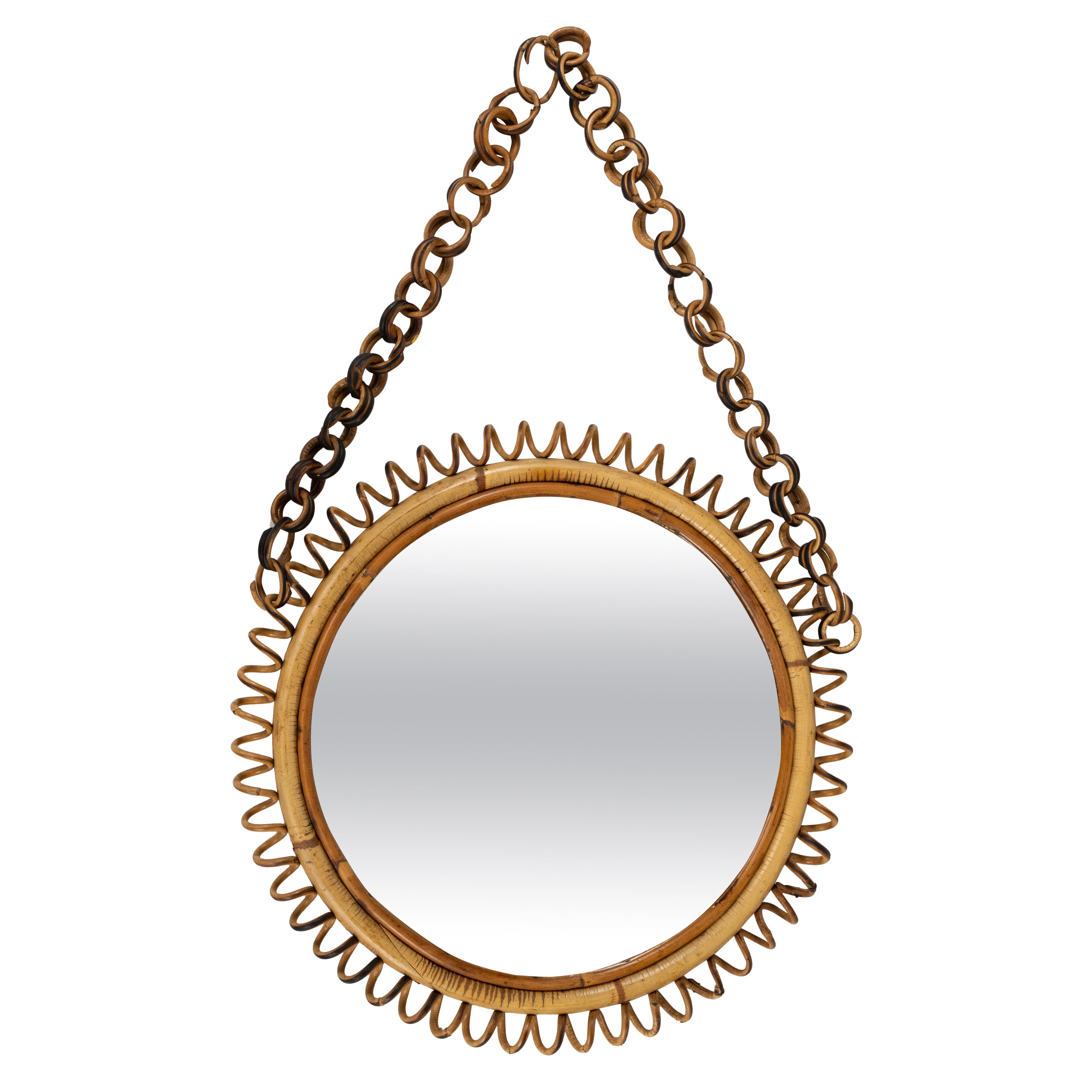 Midcentury Rattan and Bamboo Round Wall Mirror with Chain, Italy 1960s