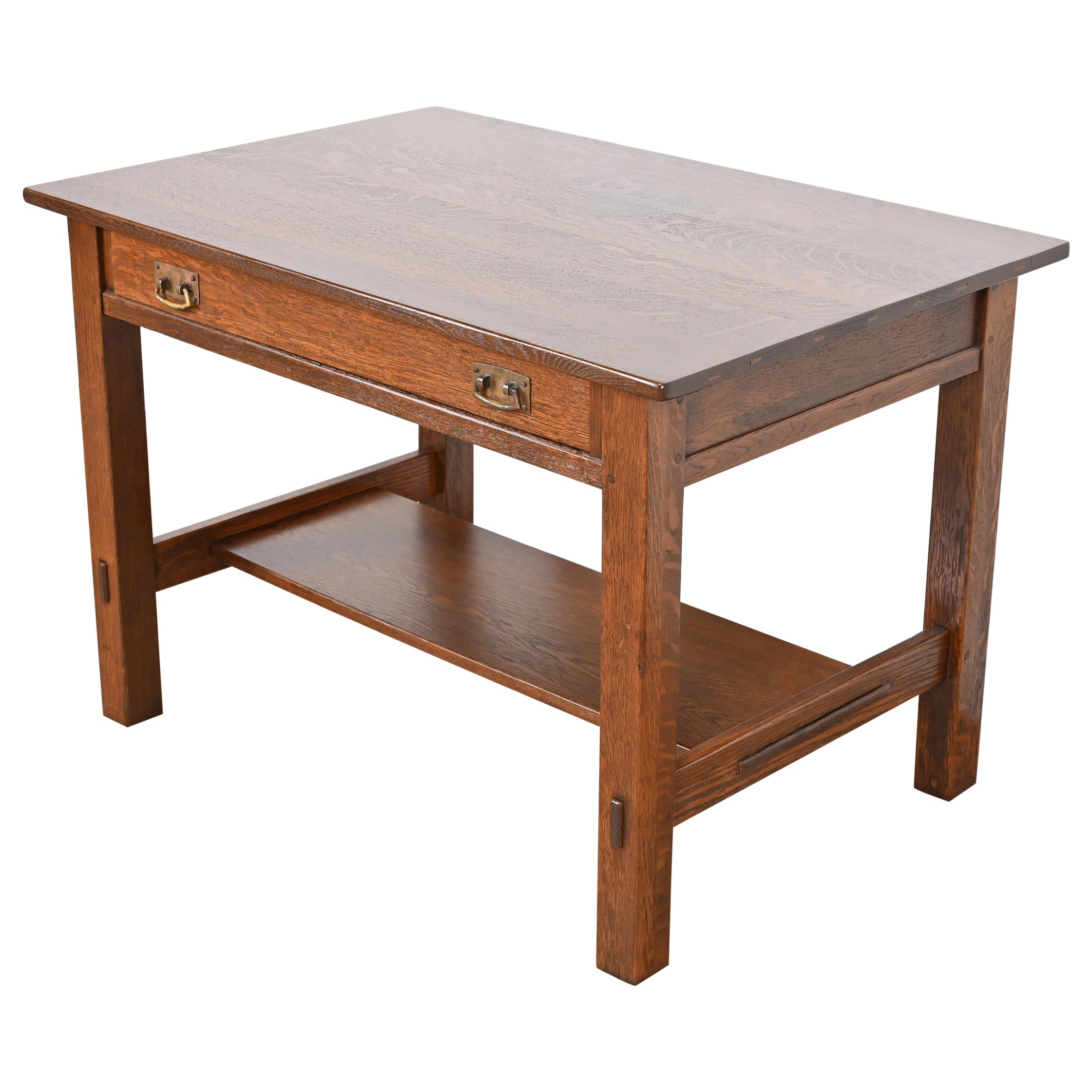 Stickley table de bureau ou de bibliothèque ancienne Mission en chêne Arts & Crafts, revernie en vente