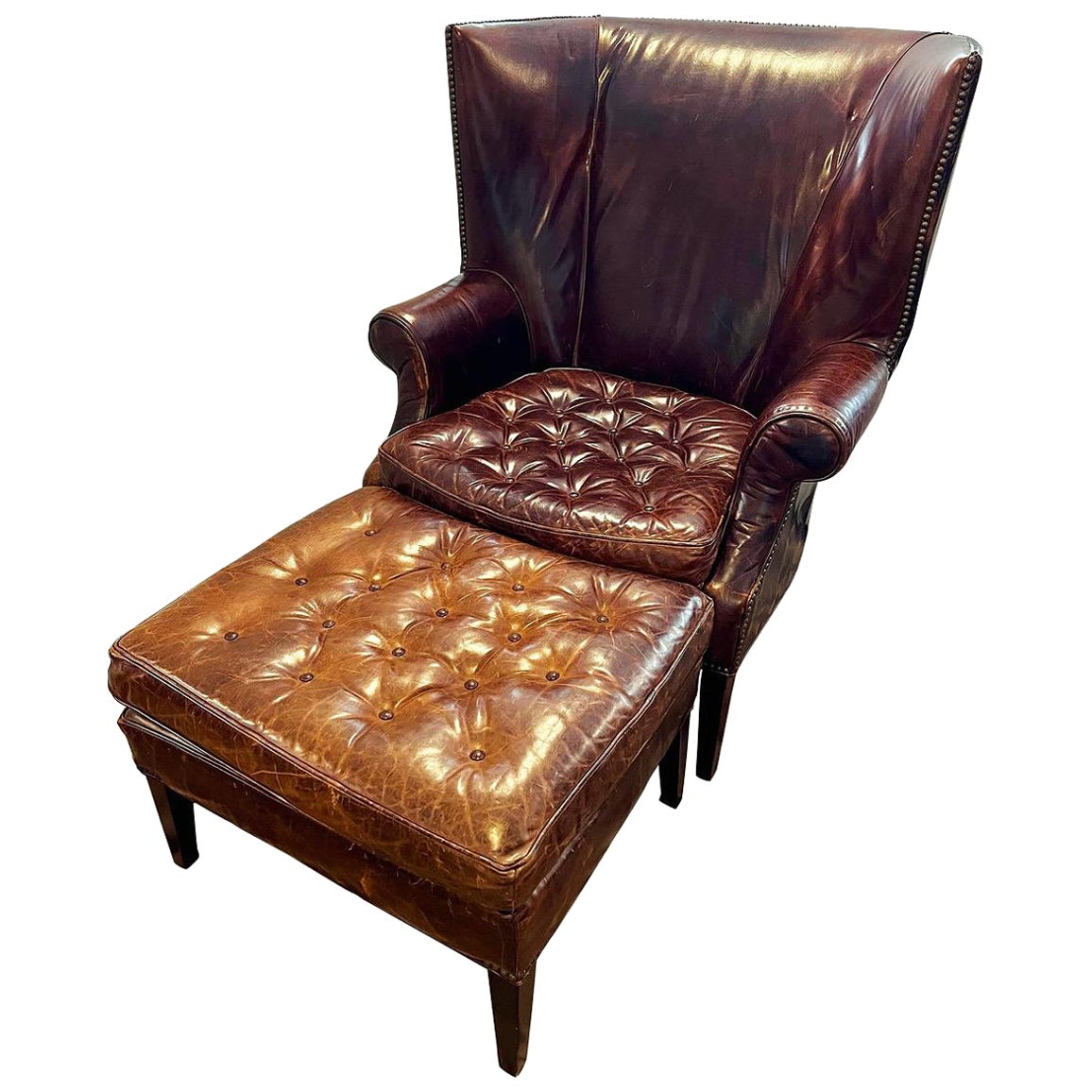Dark Leather Wingback Chesterfield Tufted Chair and Ottoman Combo Great Patina For Sale
