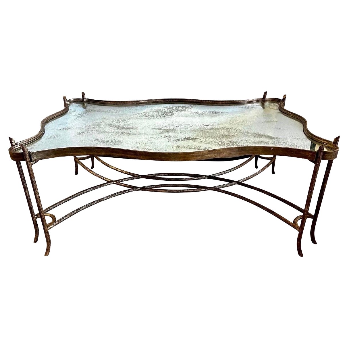 Eglomise Mirrored and Gilded Iron Faux Bois Coffee Cocktail Table Art Deco For Sale