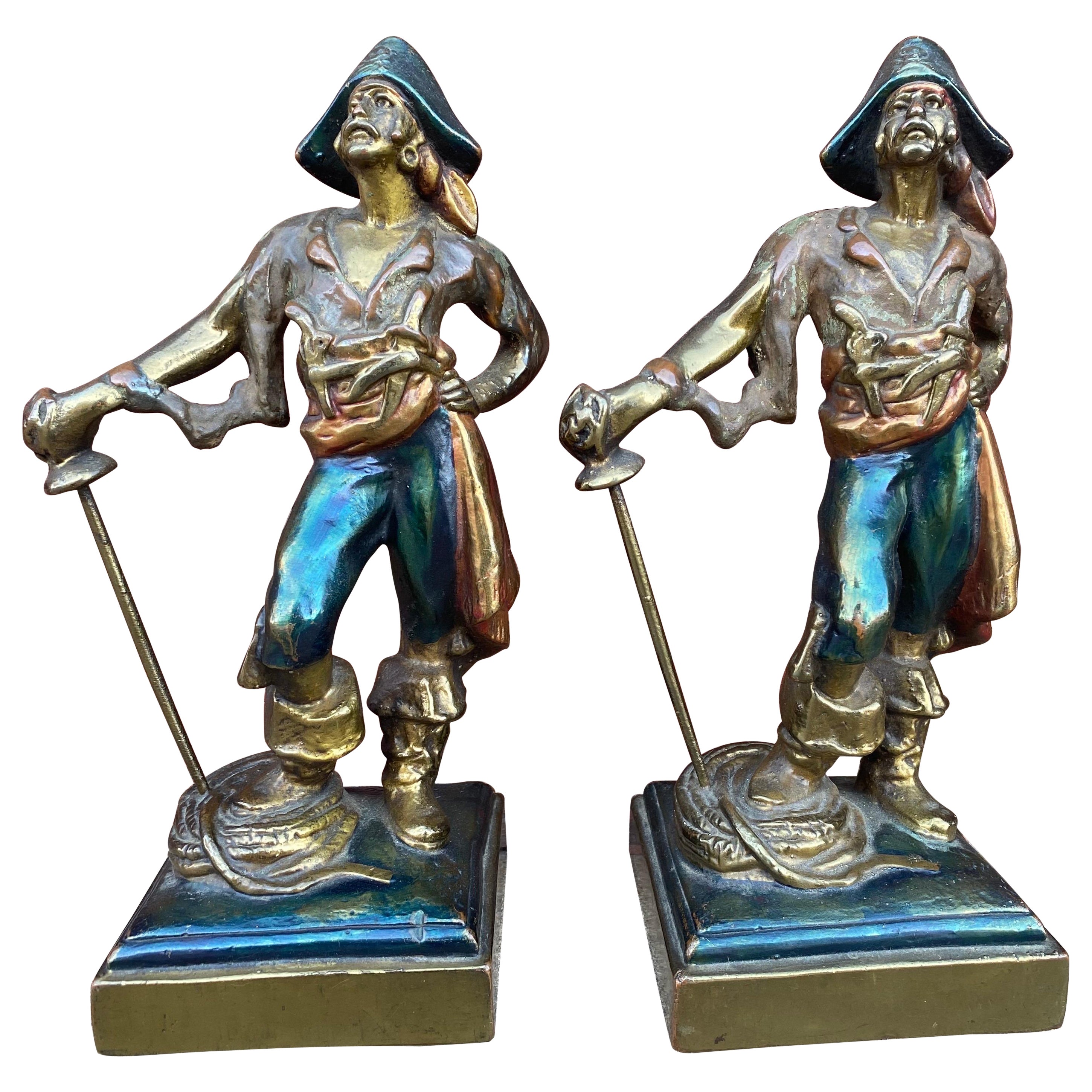 Antique German Bronze Pirate Bookends Signed by Paul Herzel For Sale
