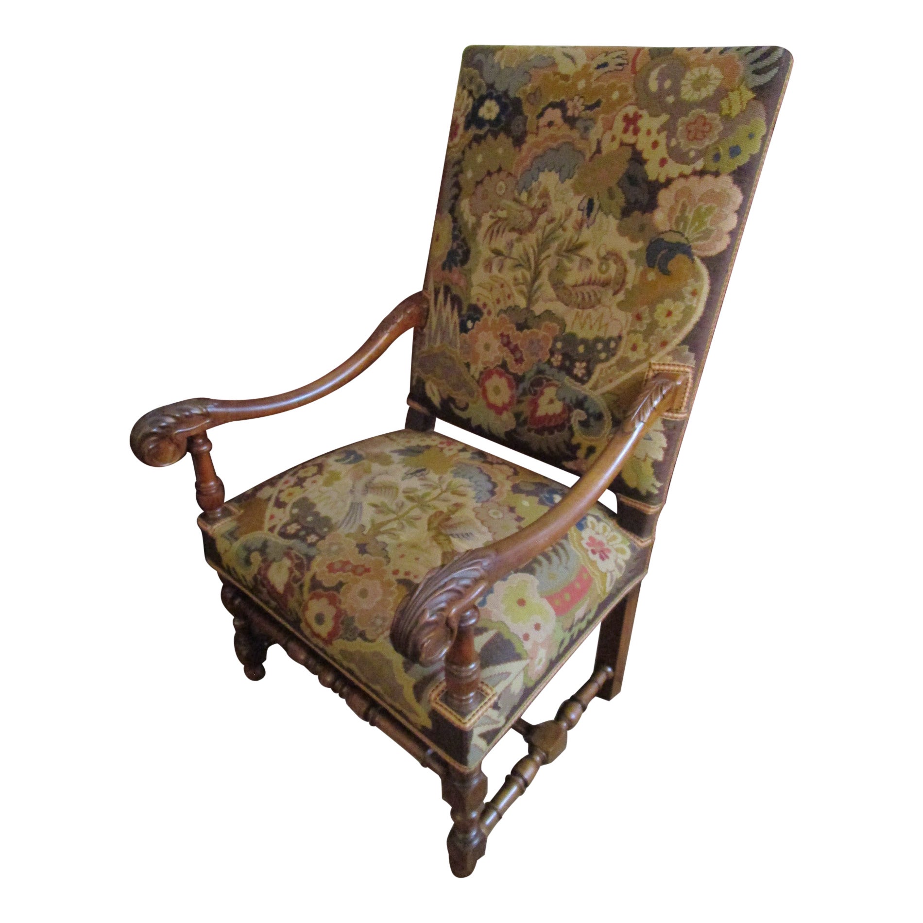 19thc English Armchair w/Acanthus Leaf Carving & Needle & Petit Point Upholstery For Sale