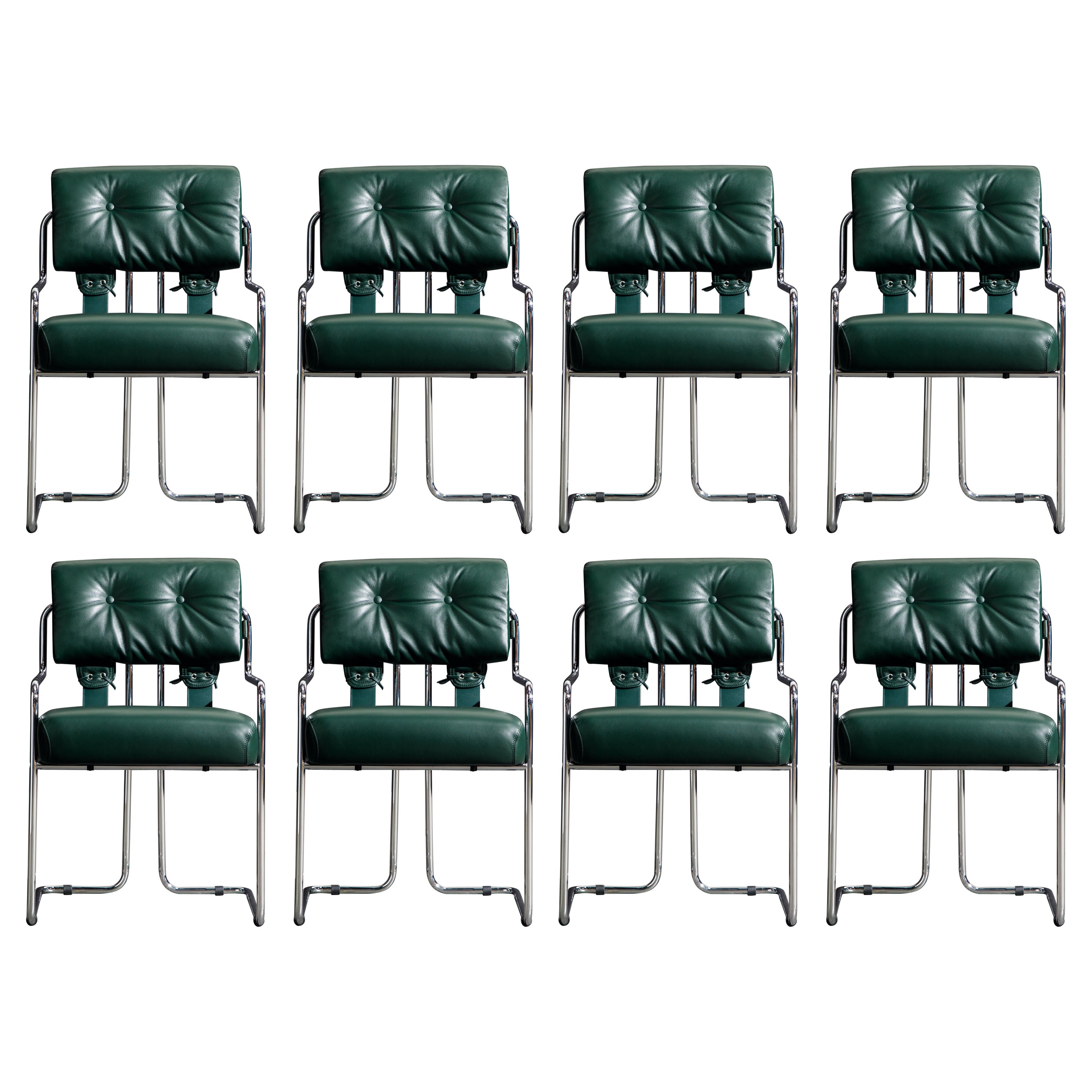 Eight Emerald Green Leather Tucroma Chairs by Guido Faleschini for Mariani, New For Sale