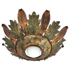 Vintage Spanish Foliage Sunburst Ceiling Light Fixture in Green and Gilt Iron