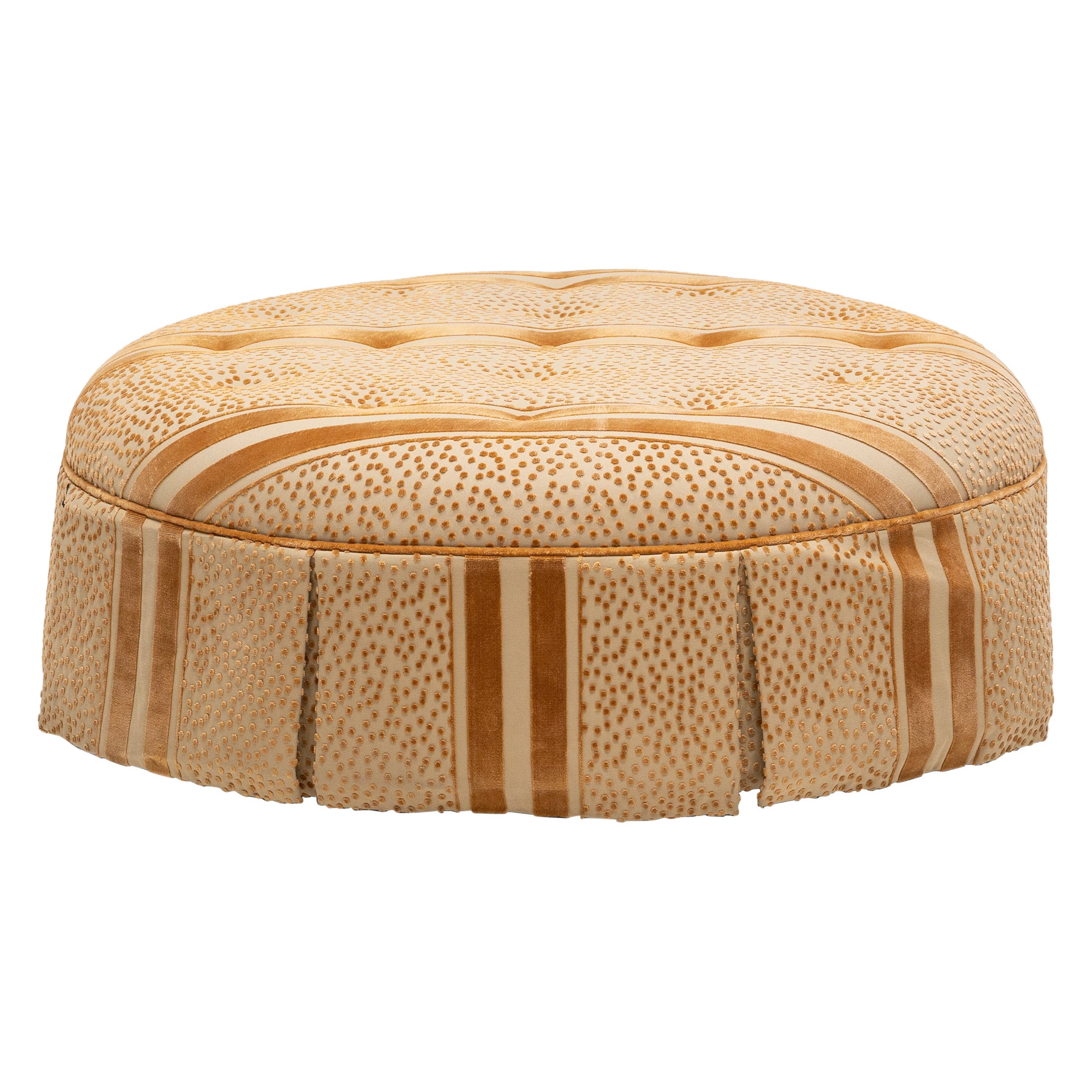 Round Tufted Ottoman with Cut Velvet Upholstery For Sale