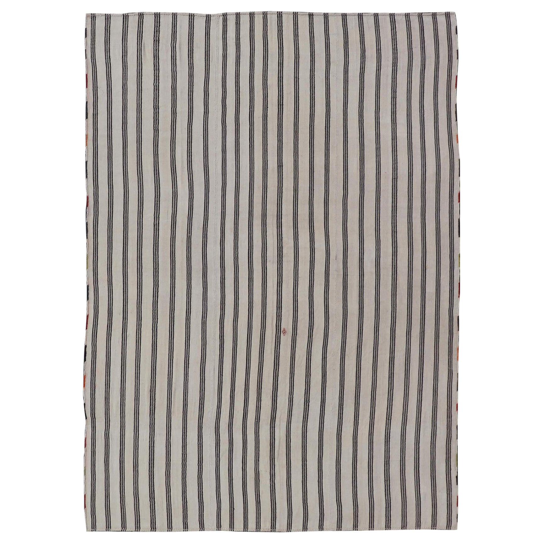 Vintage Turkish Kilim Rug Classic Black and White Stripes and Accent 8'3 x 12' For Sale