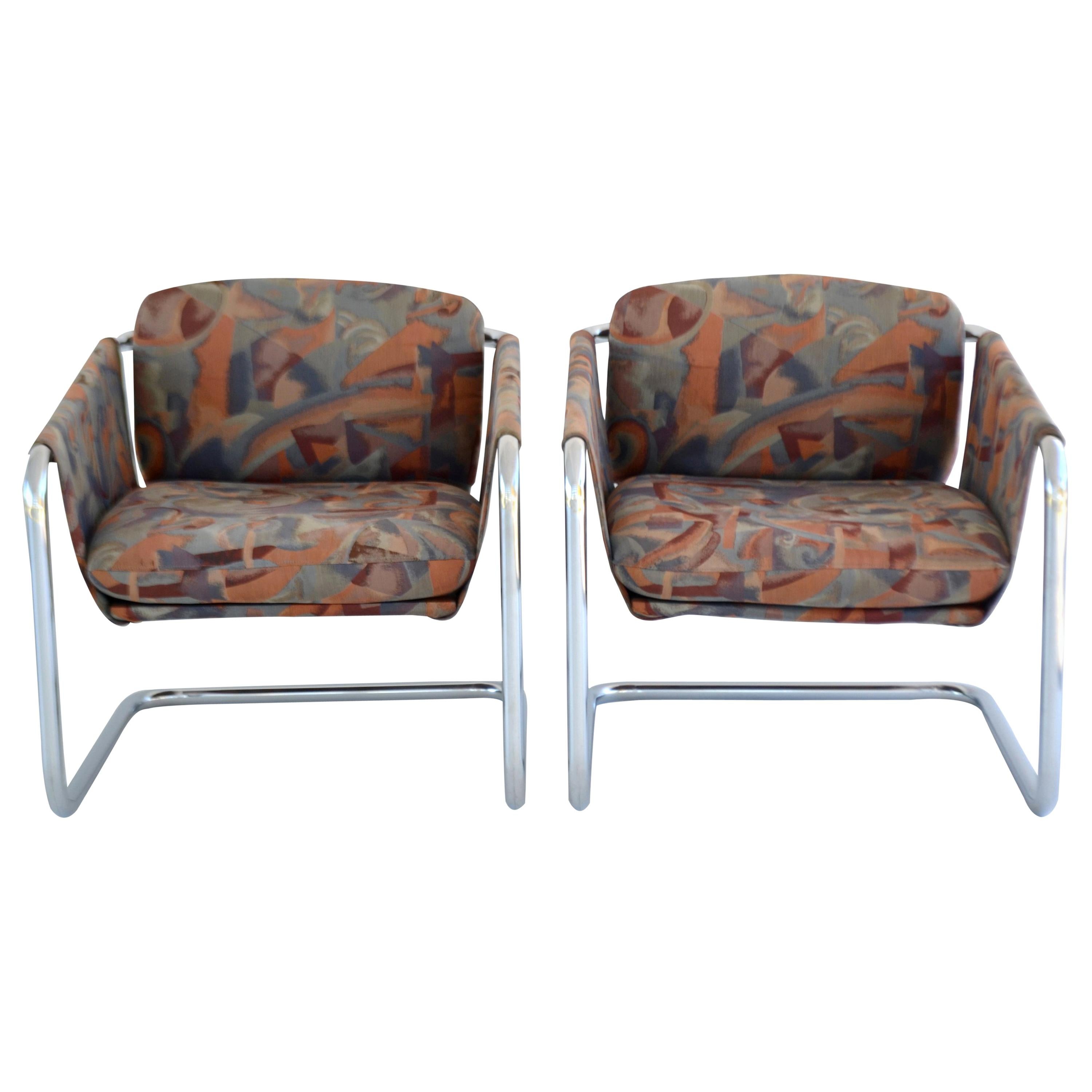 Pair of Postmodern Cantilevered Sling Form Lounge Chairs For Sale