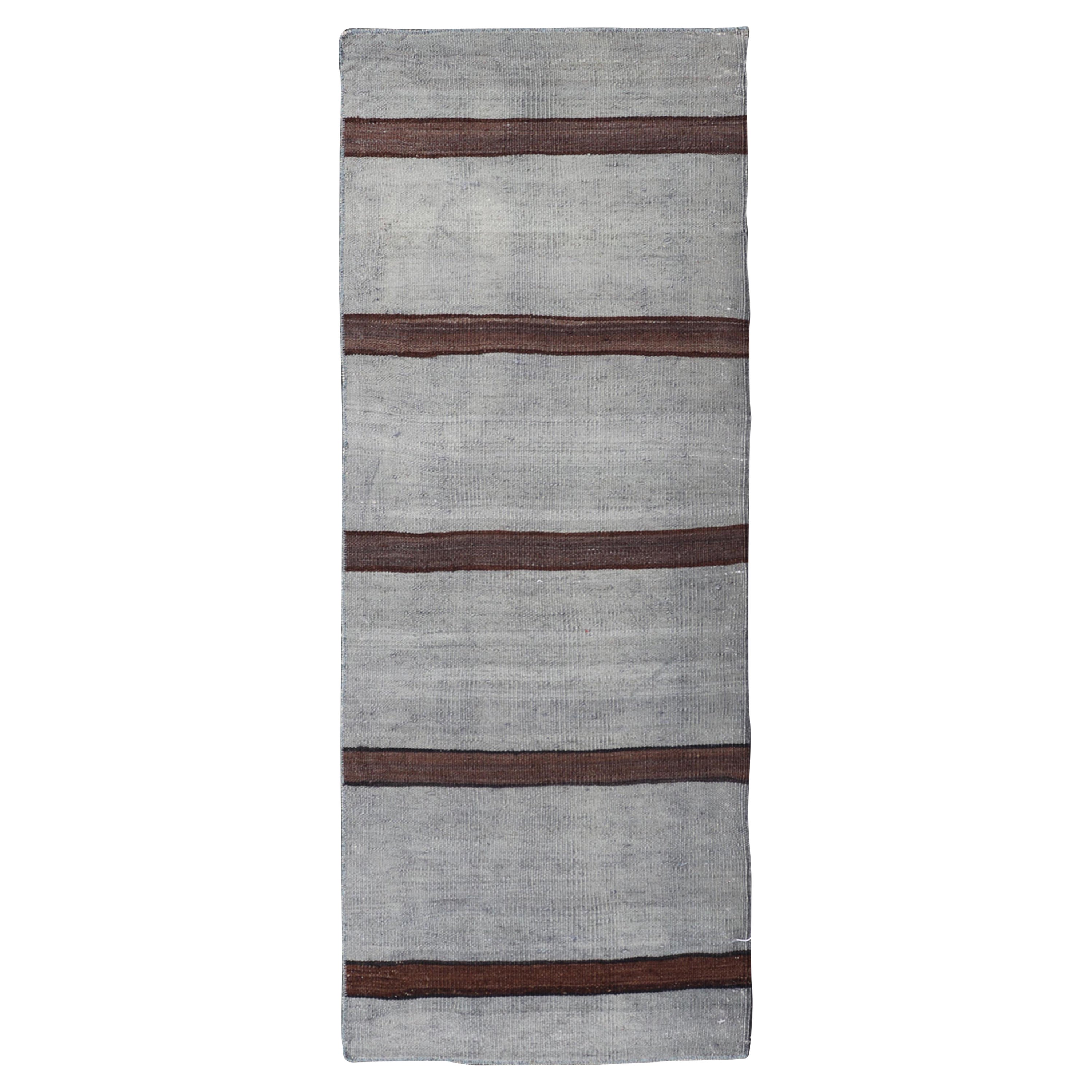 Vintage Turkish Kilim Rug with Classic Gray and Rich Brown Stripes  1'8 x 4'5
