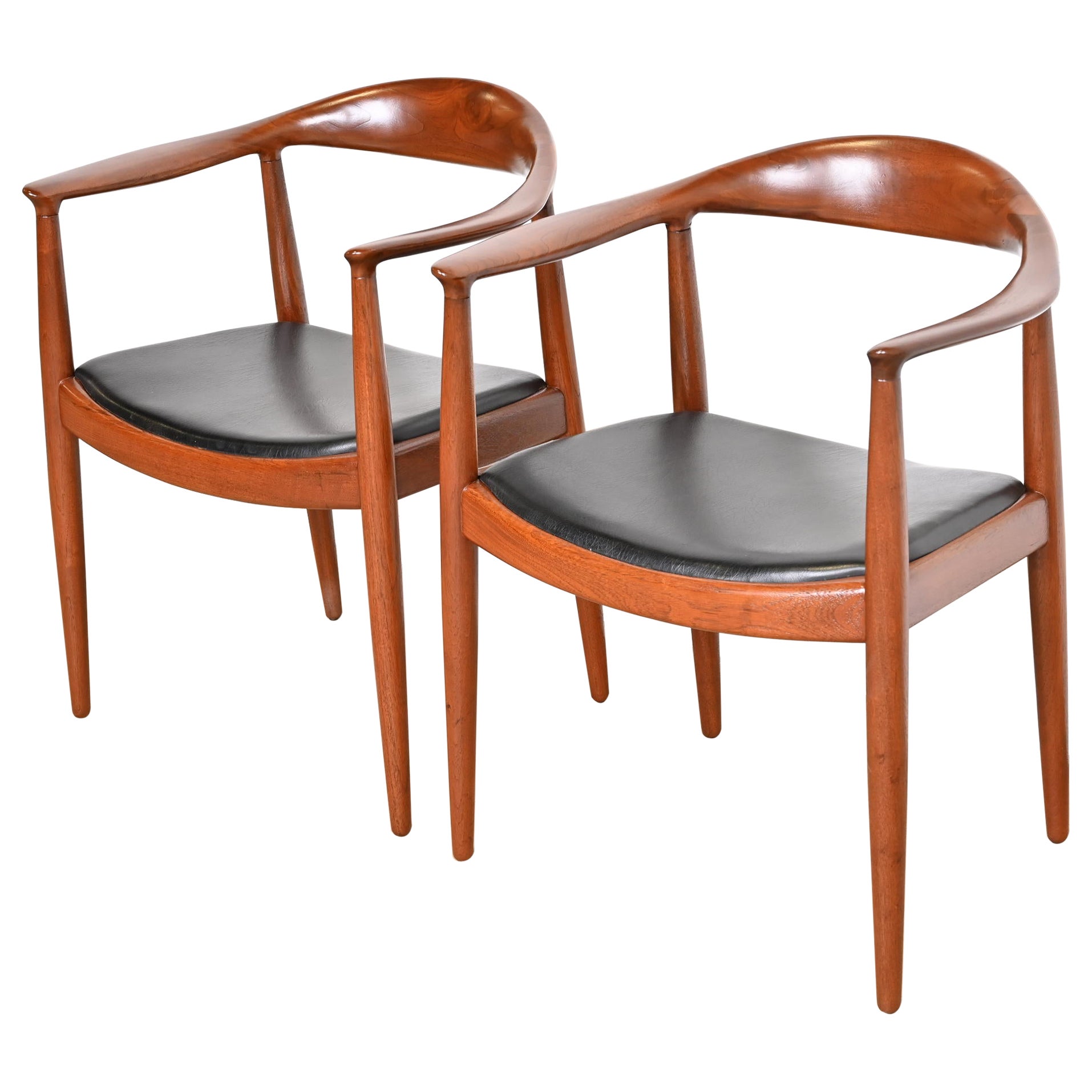 Hans Wegner for Johannes Hansen "The Chair" Teak and Leather Round Chairs, Pair