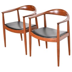 Retro Hans Wegner for Johannes Hansen "The Chair" Teak and Leather Round Chairs, Pair
