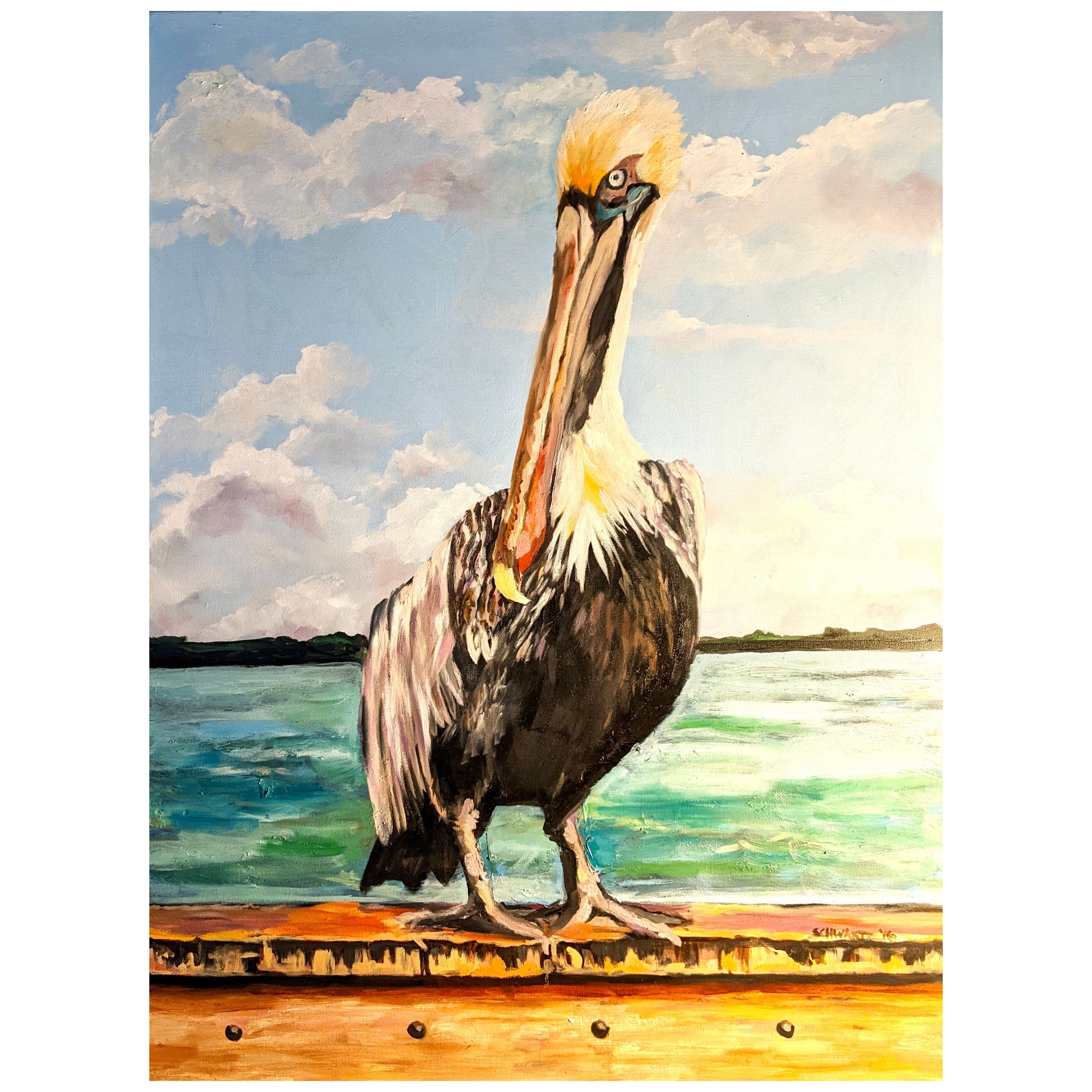 Gerahmtes Ölgemälde auf Leinwand „Pelican“ von Susan Schwartz