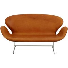 Arne Jacobsen Swan Sofa Reupholstered in Cognac Leather 