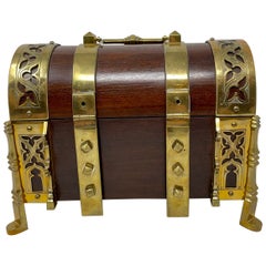 Antique English Mahogany with Brass Mounts Footed Jewel Box, Circa 1860.