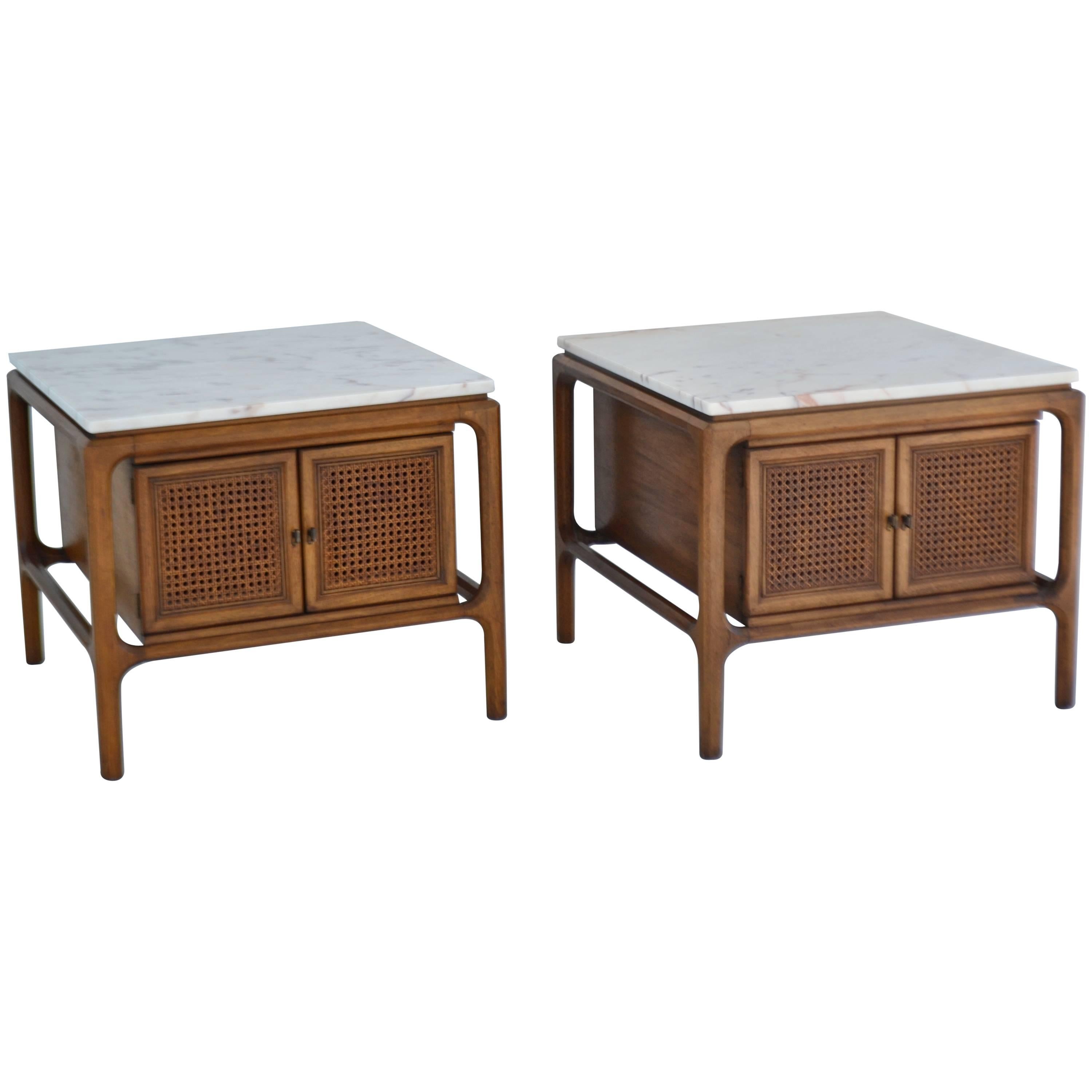 Pair of Sculptural Walnut and Marble Side Tables