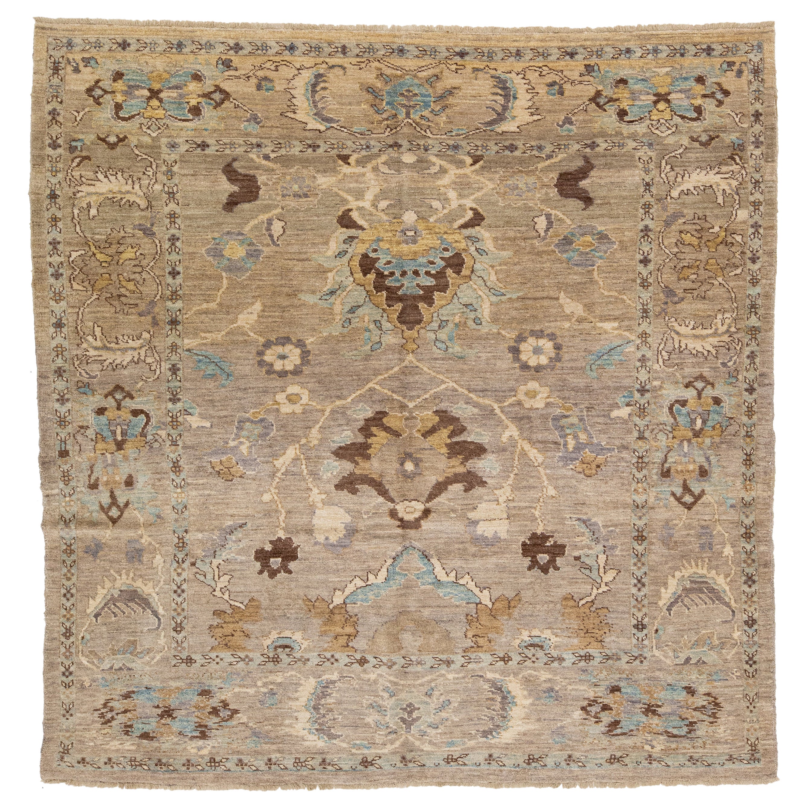 Allover Modern Designed Sultanabad Square Wool Rug In Light Brown For Sale