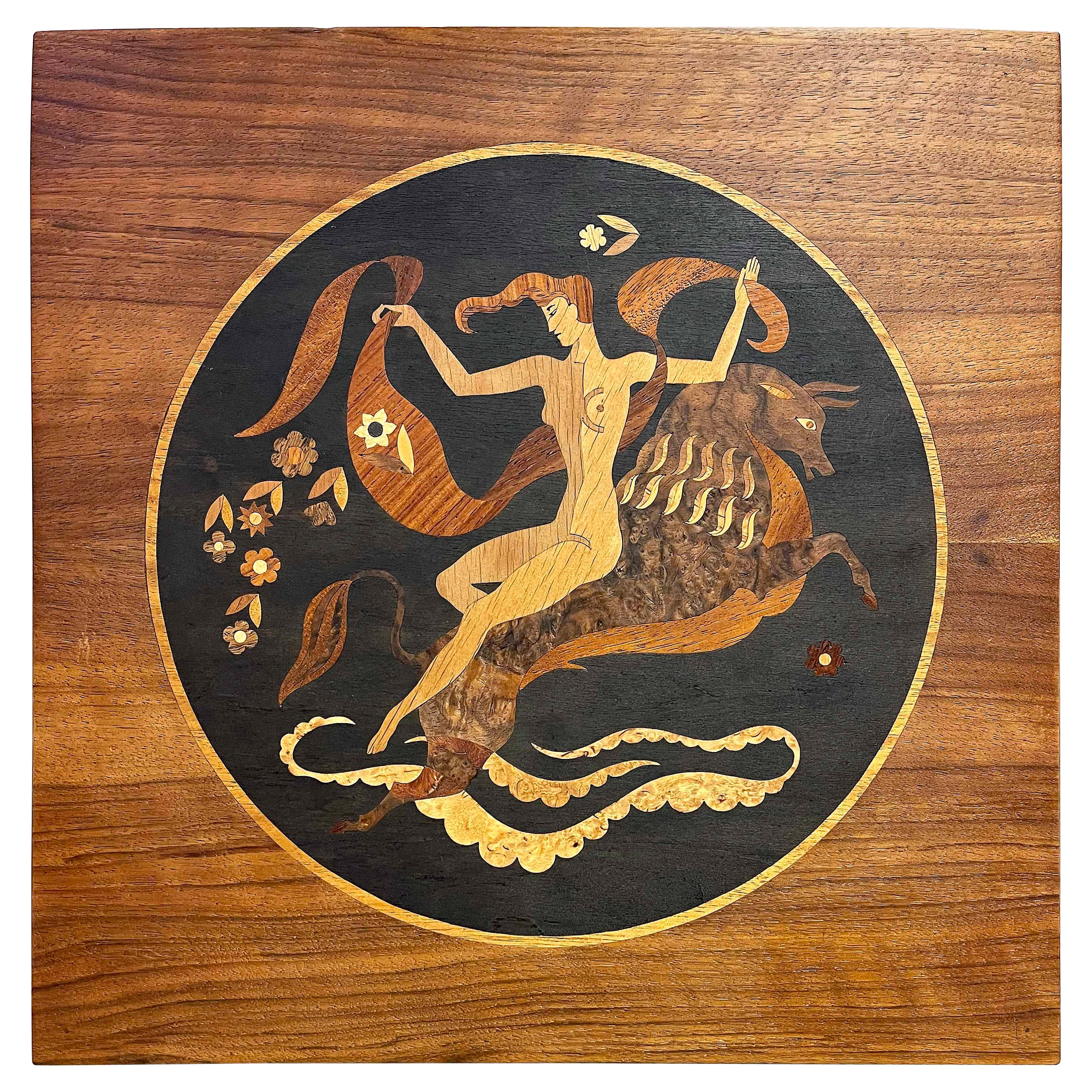 „ Europa und der Stier“, Art-Déco-Meisterwerk mit Intarsien aus Holz von Szoeke, 1939 im Angebot