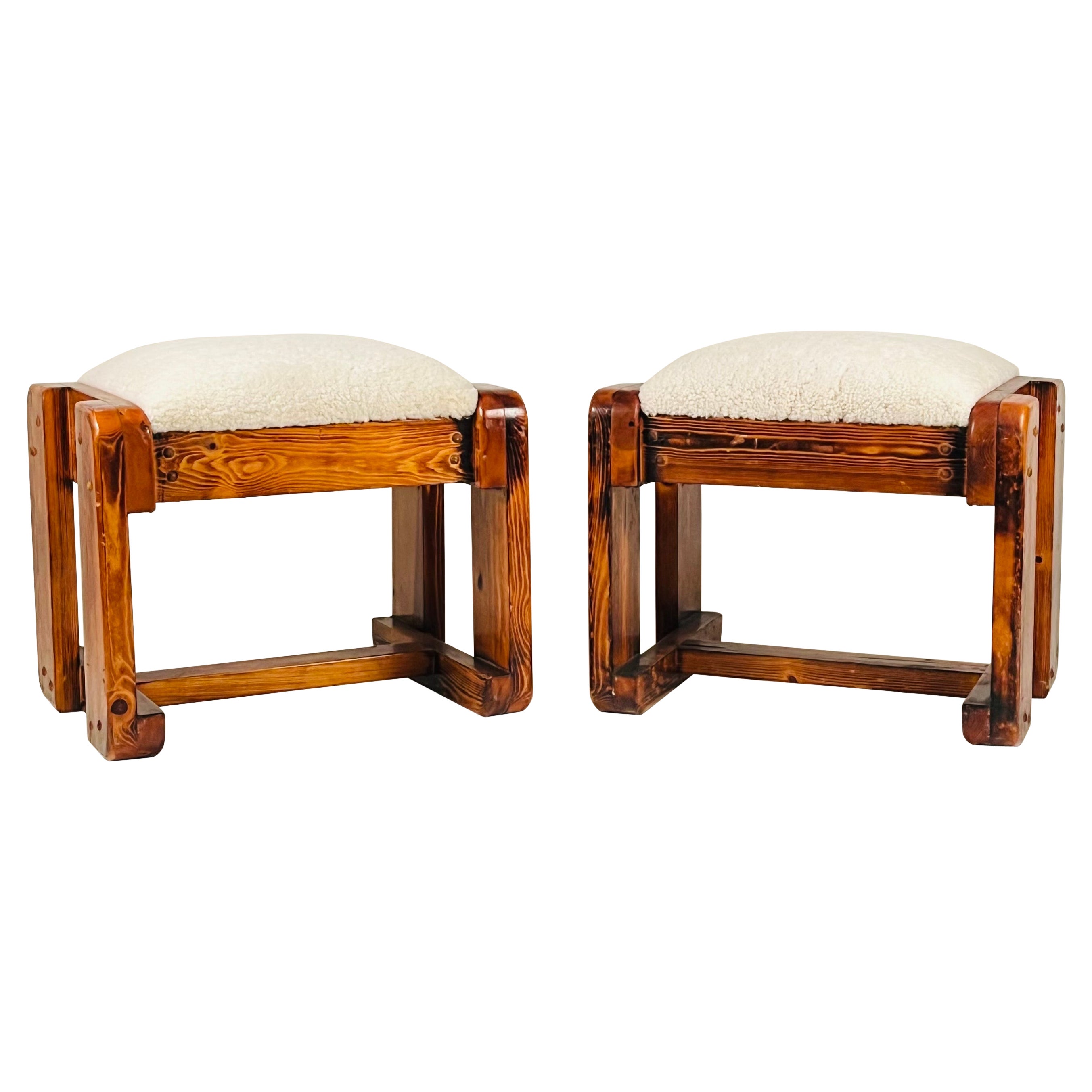 Pair of Pine Stools with Shearling Upholstery