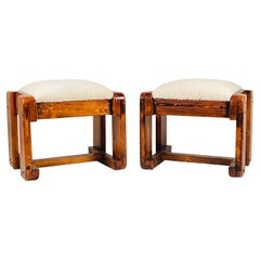 Vintage Pair of Pine Stools with Shearling Upholstery