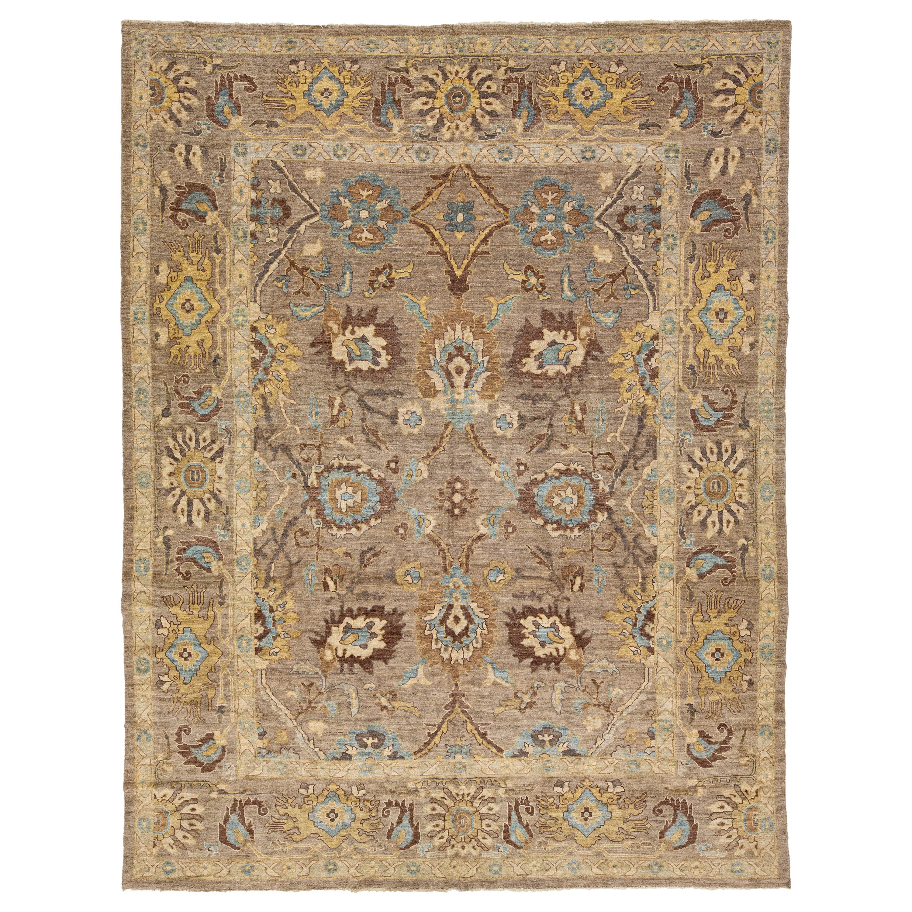 Brown Room Size Modern Sultanabad Wool Rug Allover Pattern For Sale