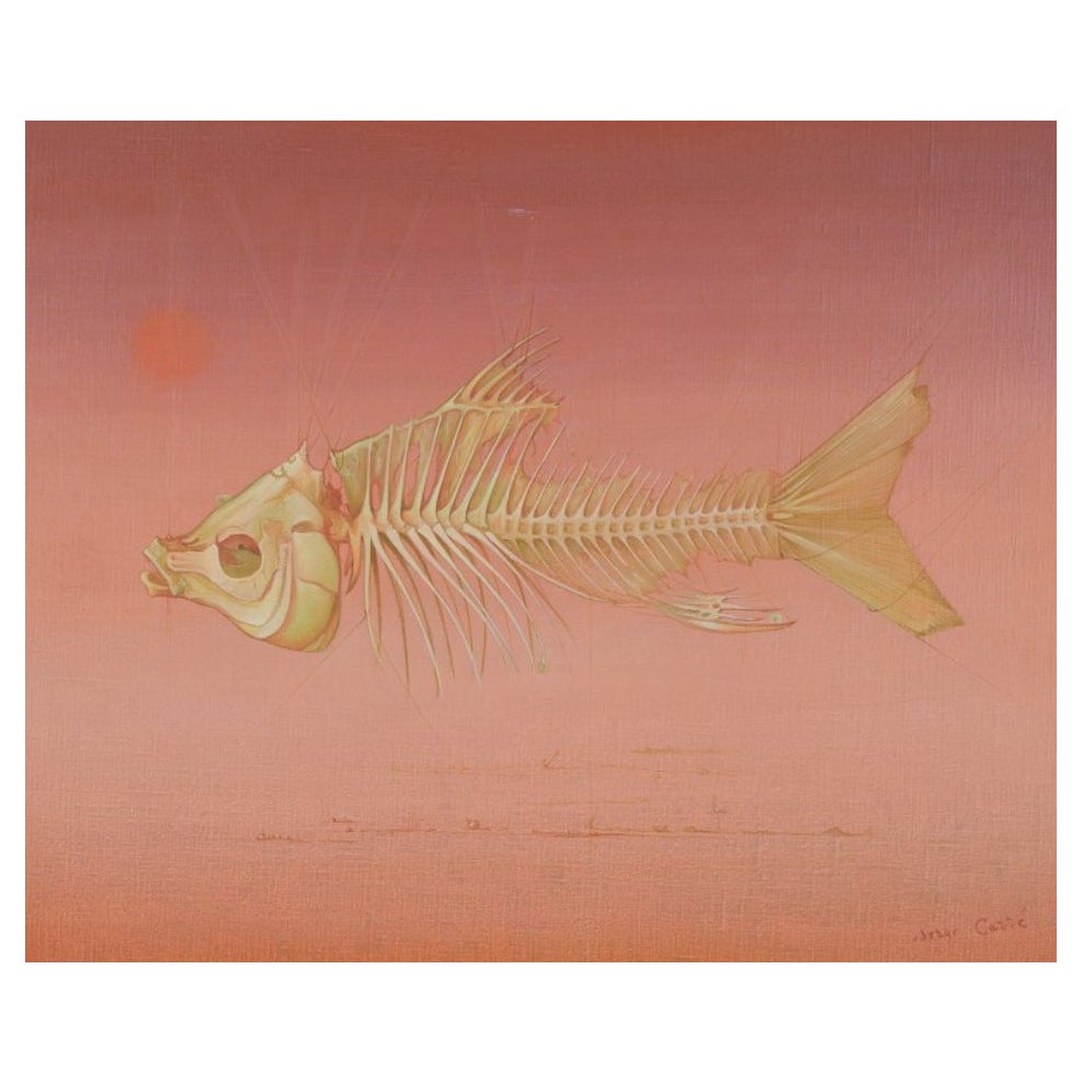 Serge Carre, artiste français Huile sur toile. arrangement surréaliste avec un poisson 