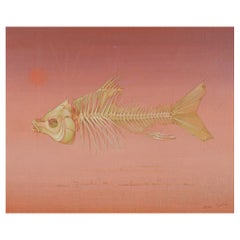 Serge Carre, artiste français Huile sur toile. arrangement surréaliste avec un poisson 