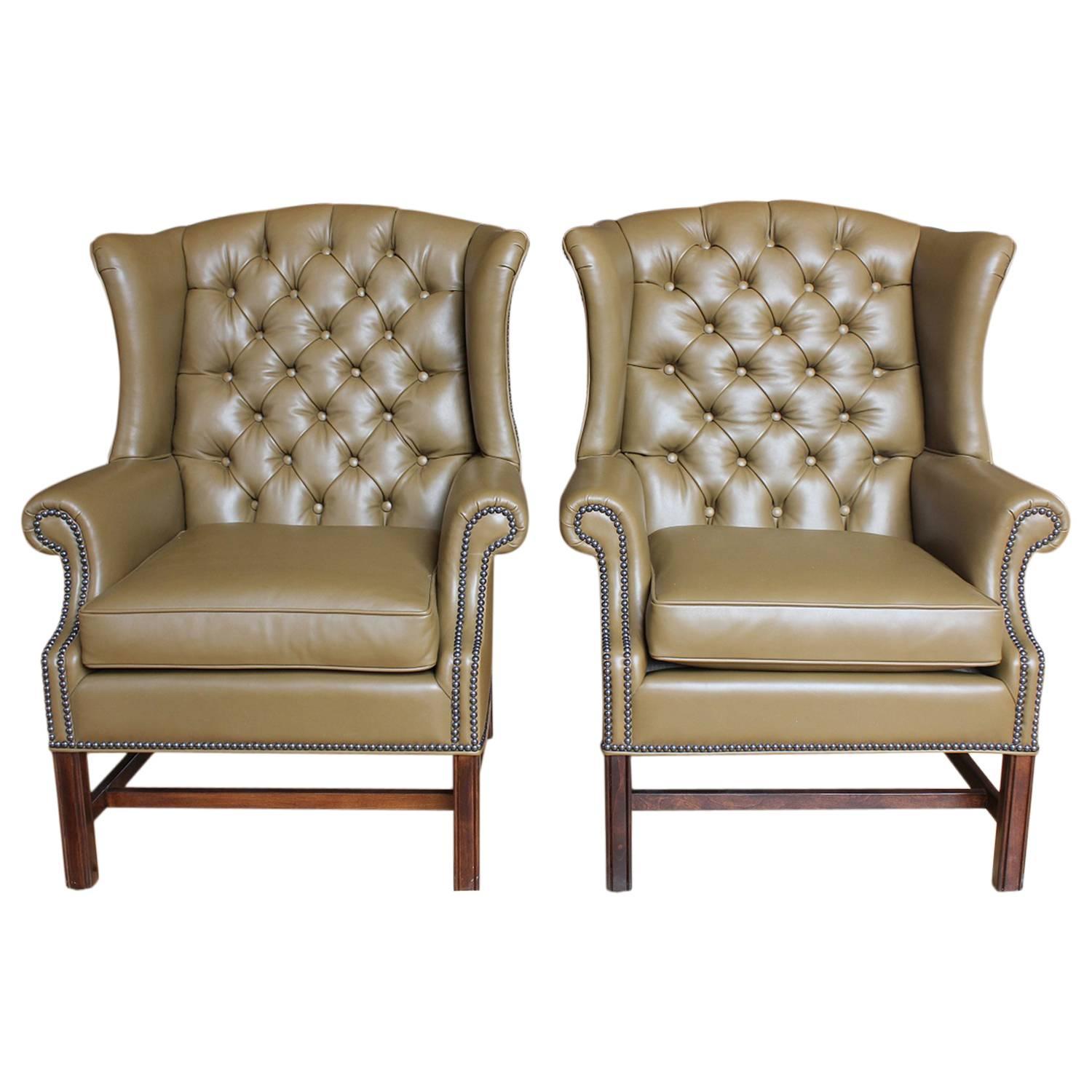 1920s American Library Tufted Leather Wing Chair For Sale