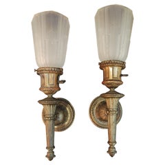 Antique elegant pair of 1920's silver plated sconces