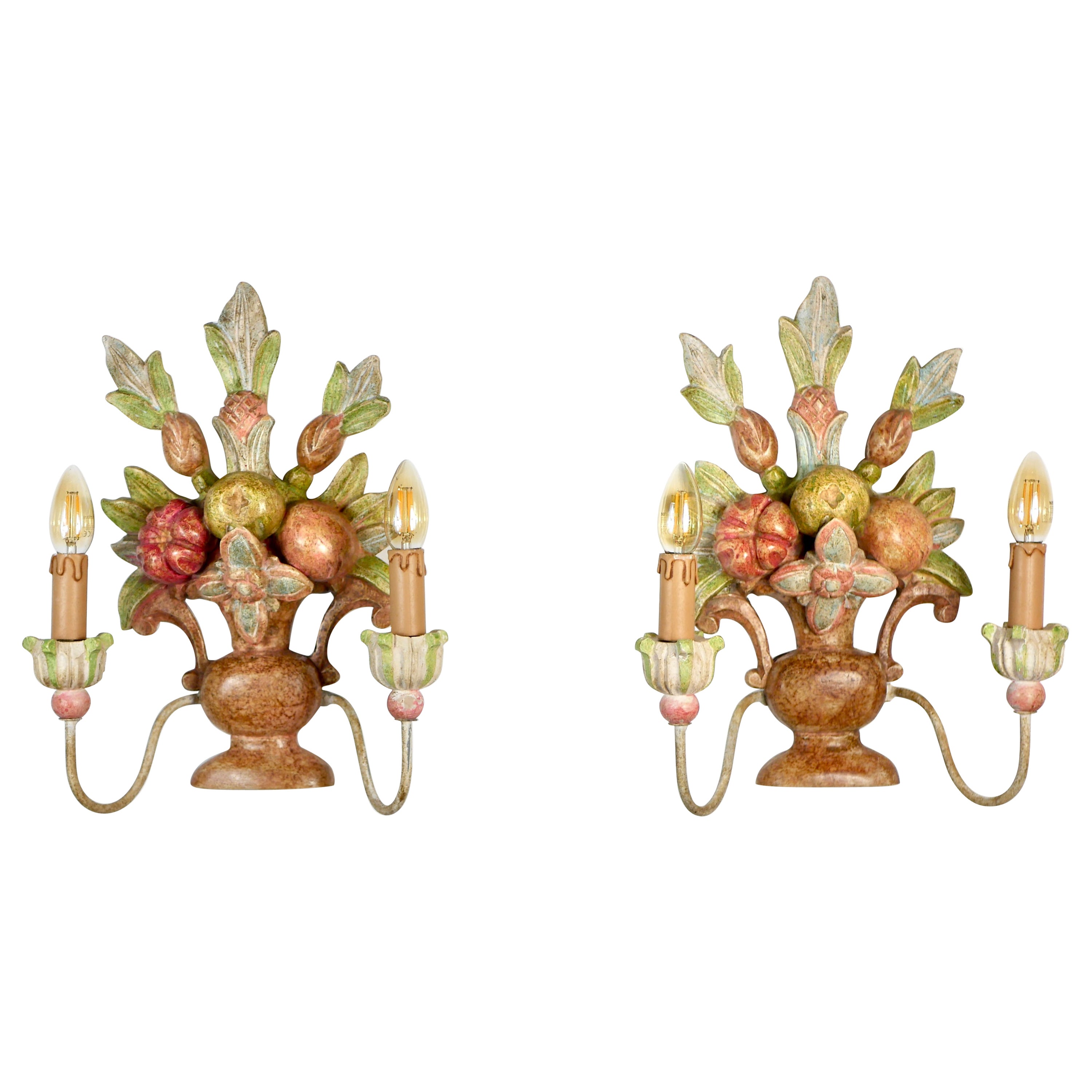 Pair of polychrome carved wood sconces from Italy, 1920s For Sale