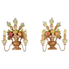 Antique Pair of polychrome carved wood sconces from Italy, 1920s