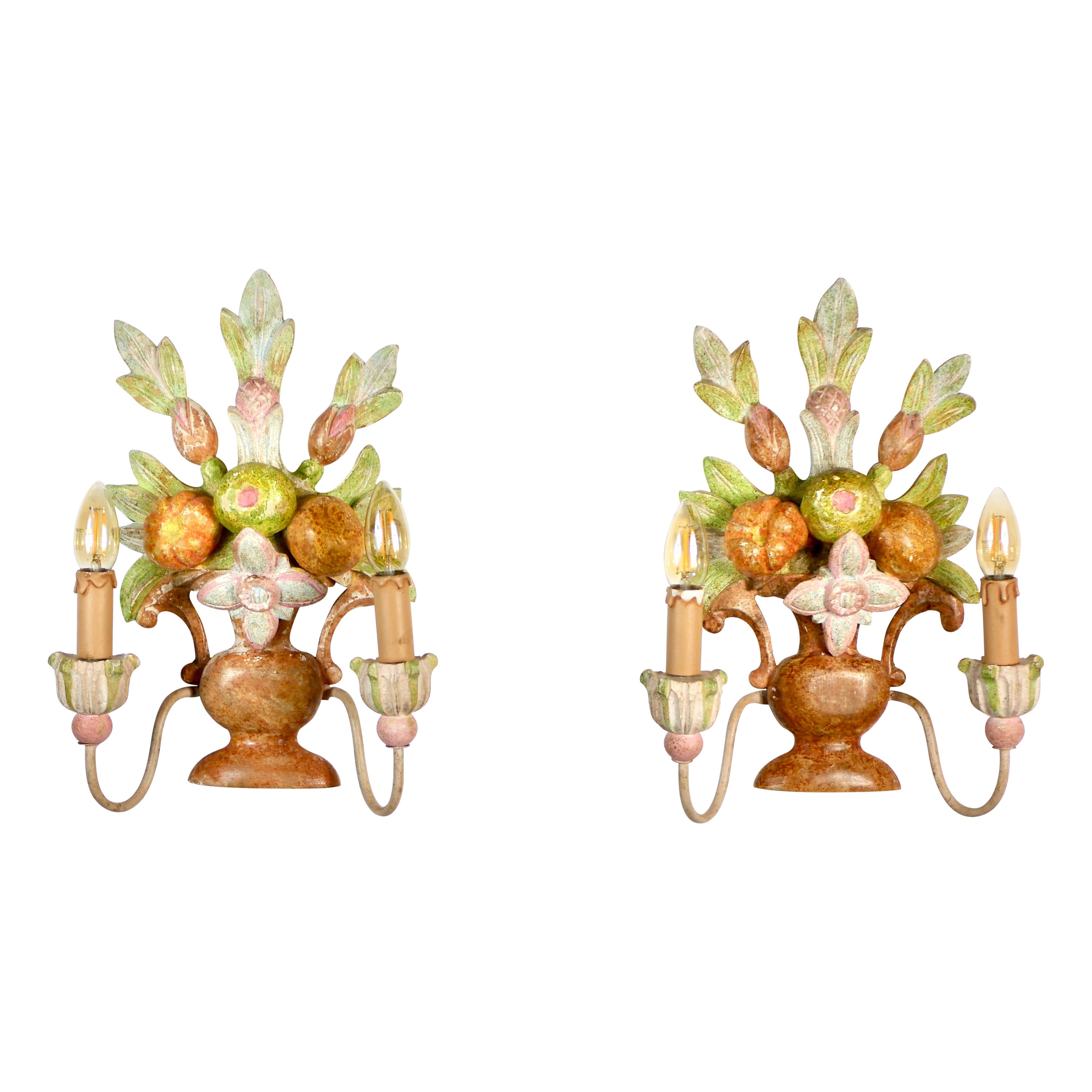 Pair of orange polychrome carved wood sconces from Italy, 1920s