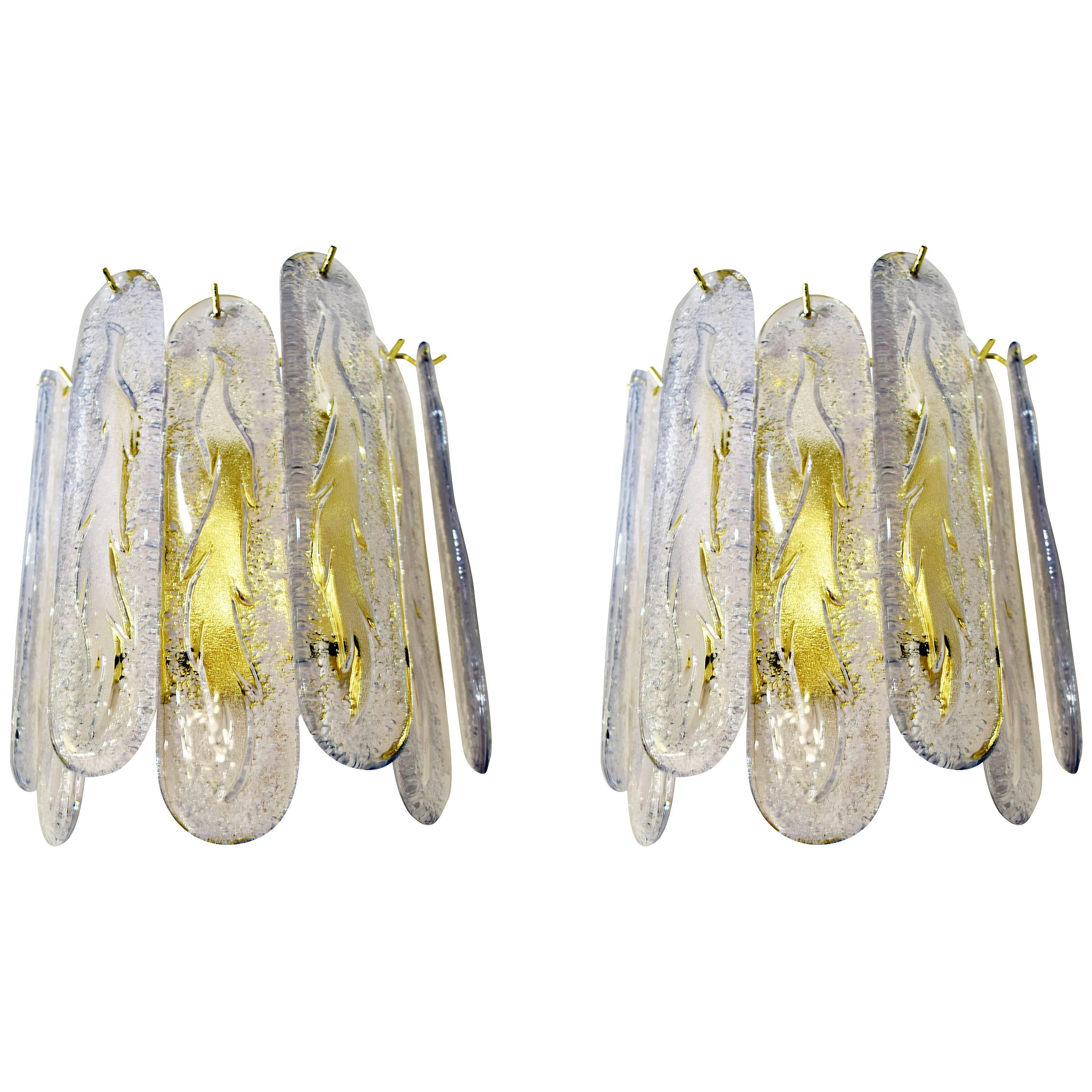 Pair of Brass and Frosted Crystal Mazzega Style Venini Sconces