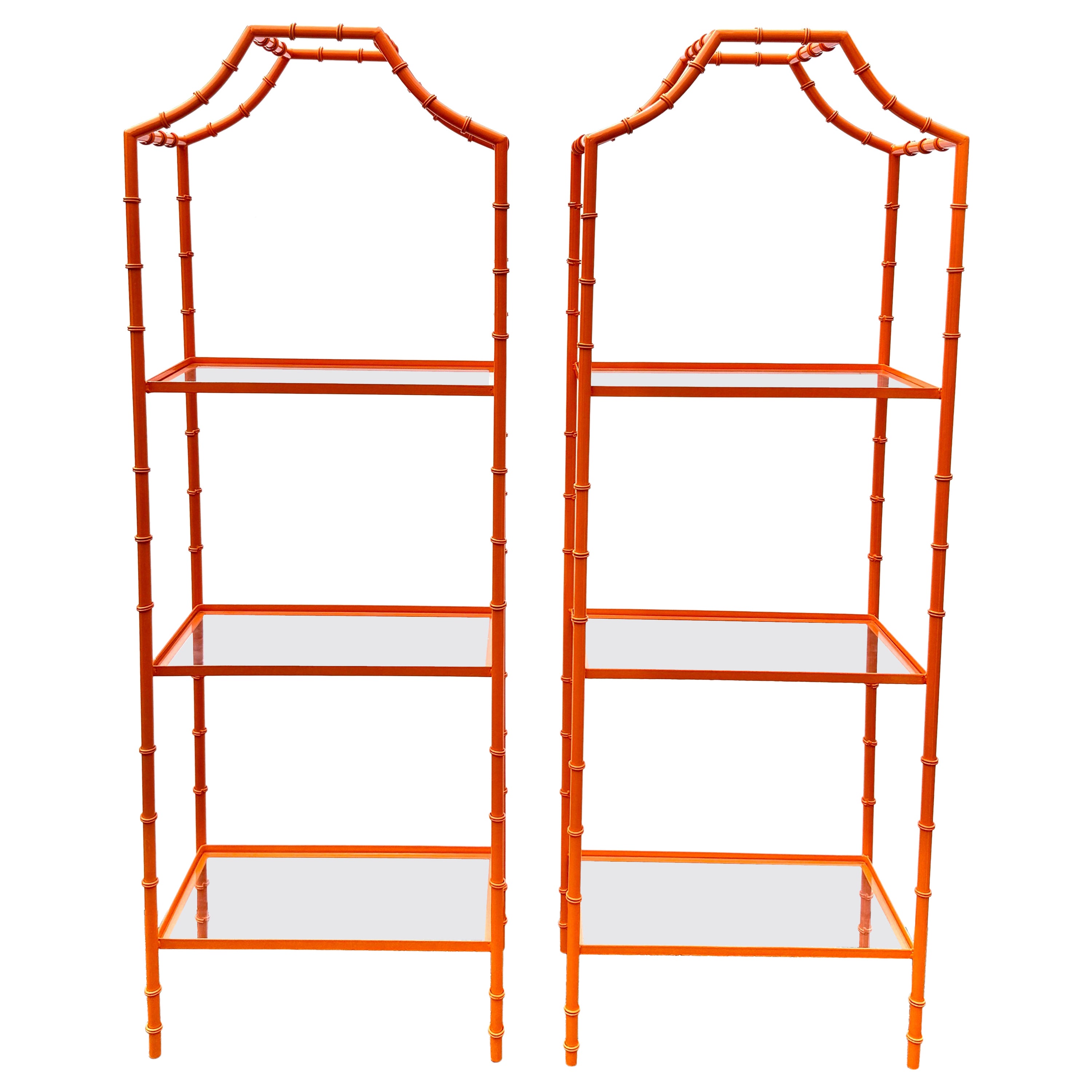 Pair of Hermes Orange Faux Bamboo Etagere Shelves, Mid-Century Modern For Sale