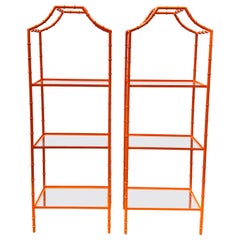 Vintage Pair of Hermes Orange Faux Bamboo Etagere Shelves, Mid-Century Modern