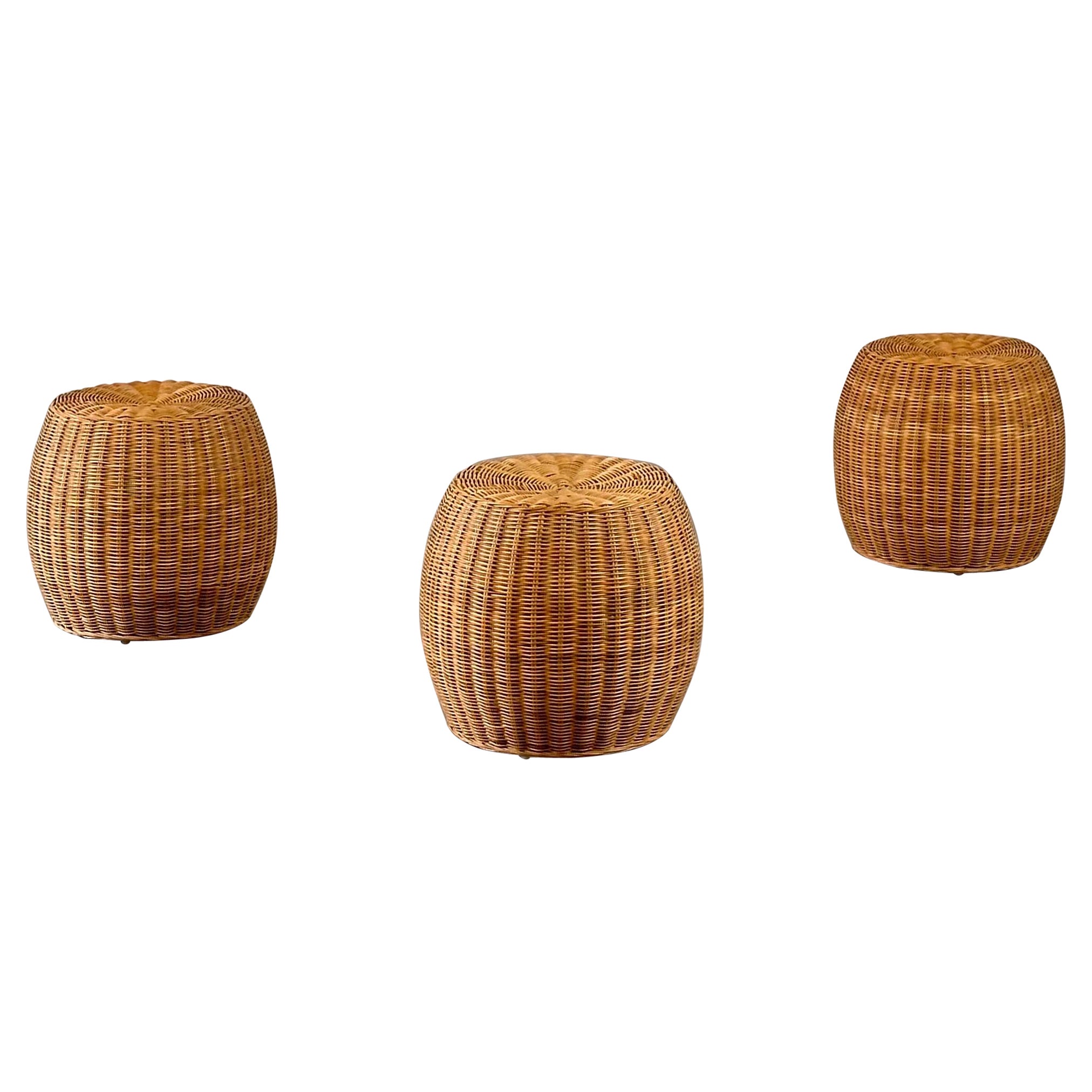 Exquisite Set of Three Wicker Ottoman Poufs, Italy, 1980s For Sale